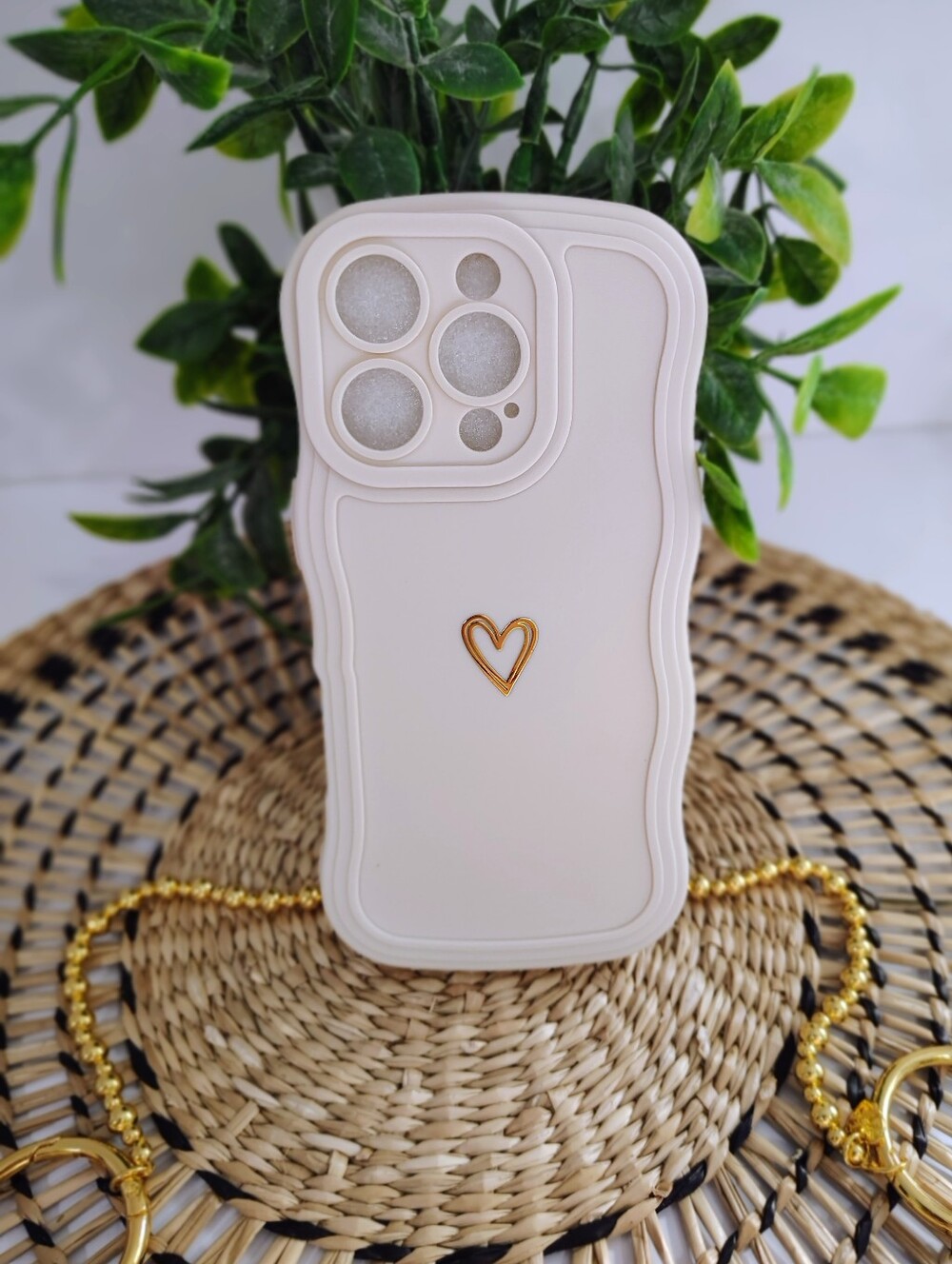 Beige Decorative Iphone 16 Pro Case with Gold Heart Accent